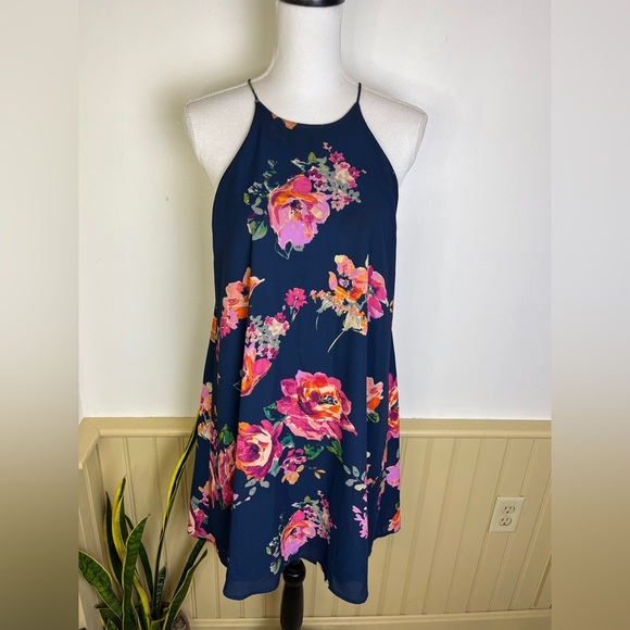 Everly Anthropologie Halter Dress M Navy Floral Fall Layering Boho Wedding Guest - Picture 1 of 10
